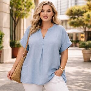 RACHEL Rachel Roy Plus Size  Blouse | V-Neck Short Sleeve Casual Chic Tunic Top